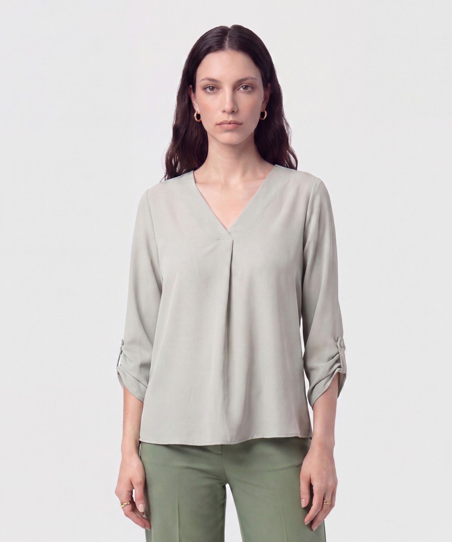 Blusa Cuello en V Manga Ajustable Mujer