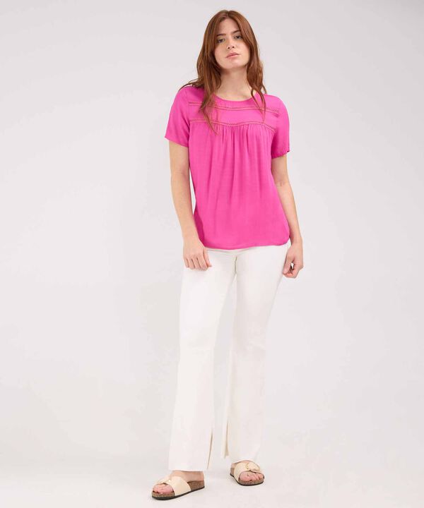 Blusa Unicolor Manga Corta, Escote Redondo Con Encaje Y Recogido Sutil image number null