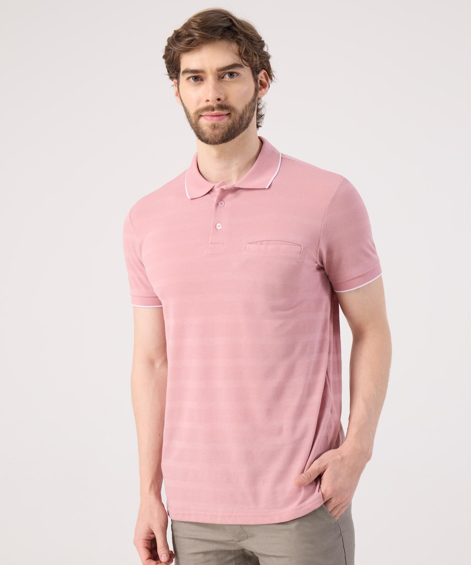 Polo Unicolor Cuello Tejido Con Bolsillo
