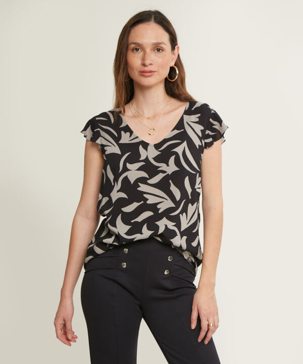 Blusa Estampada, Manga Sisa Con Bolero, Escote En V Y Escote Anudado En Espalda, Trópico Floral