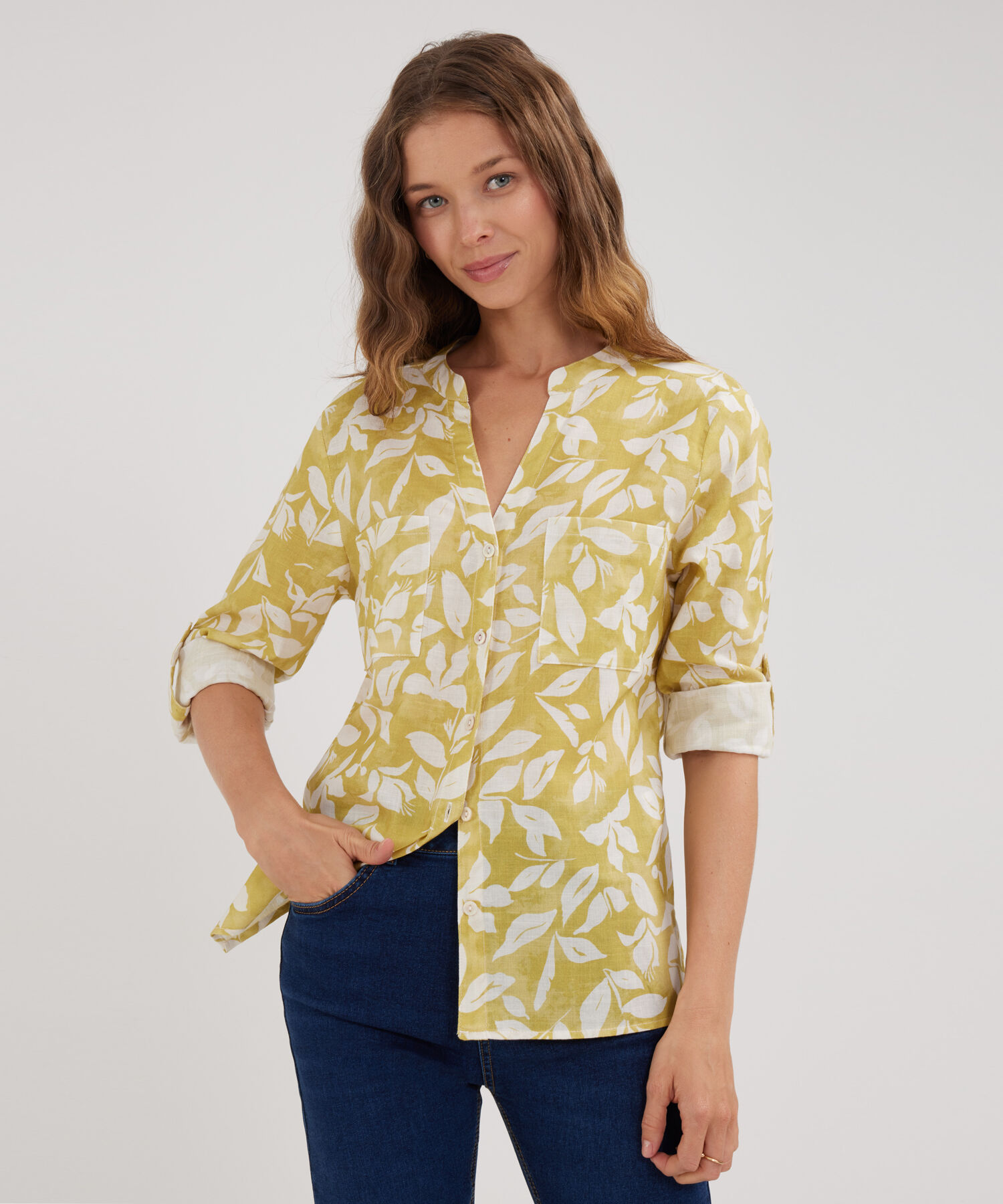 Blusa Manga Larga Estampada En Lino