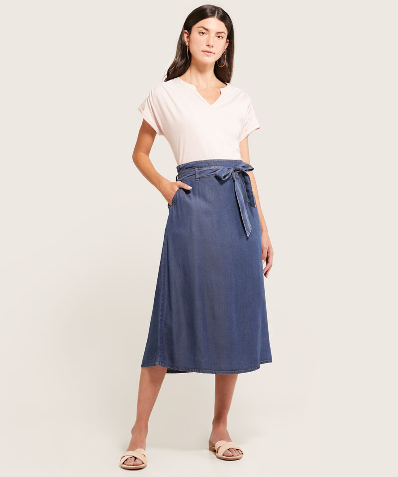 Falda Midi En Denim Con Cintur&oacute;n Mujer