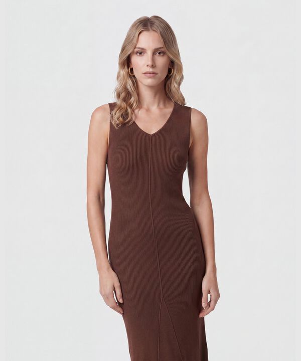 Vestido Midi Tejido Cuello V Para Mujer
