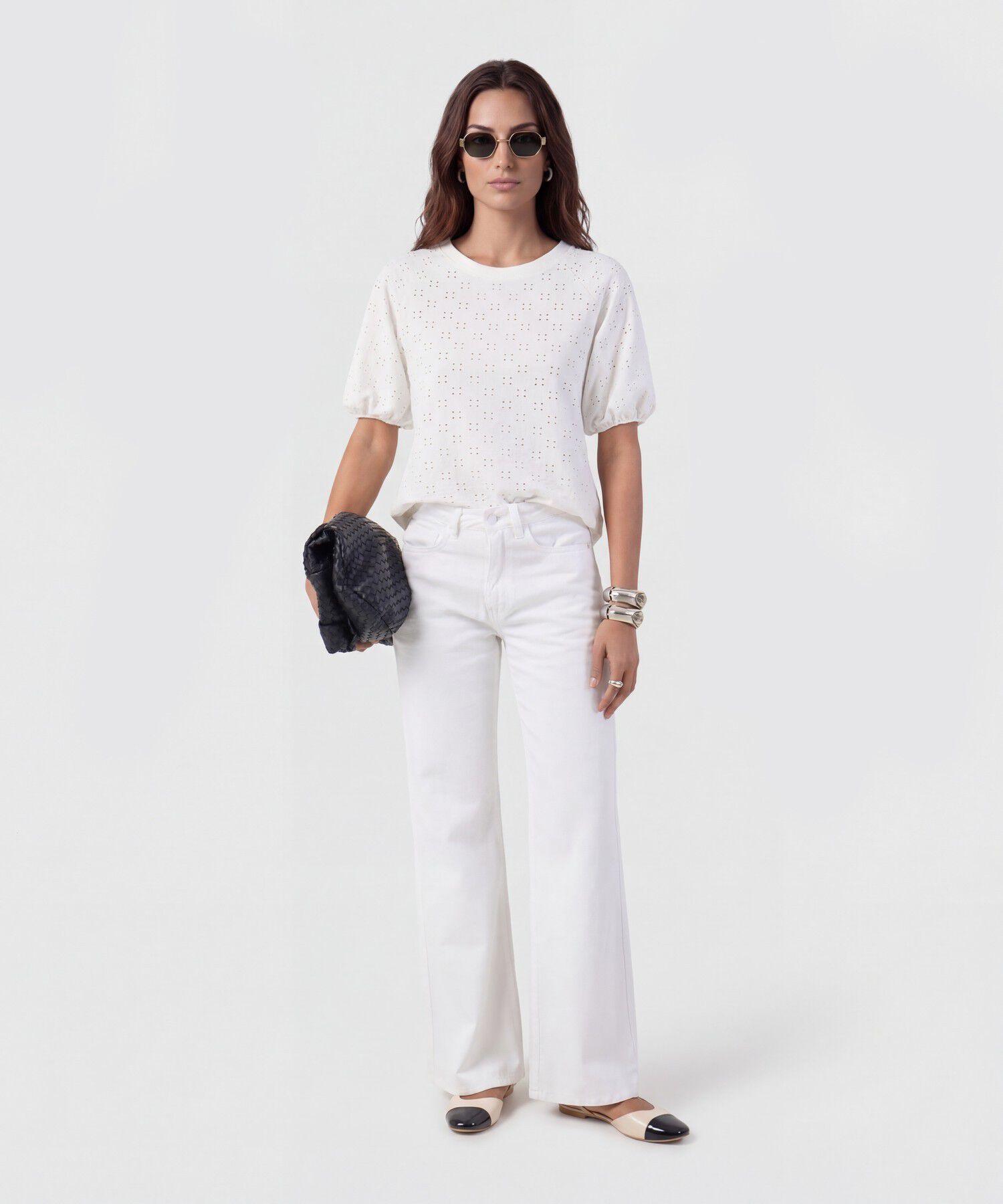 Camiseta Manga Globo Con Ojalillo Para Mujer