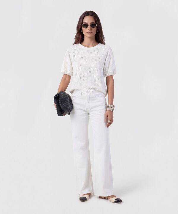 Camiseta Manga Globo Con Ojalillo Para Mujer