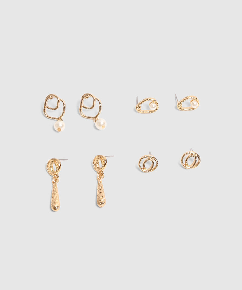 Set X4 Aretes Dorados Con Textura Y Perlas 