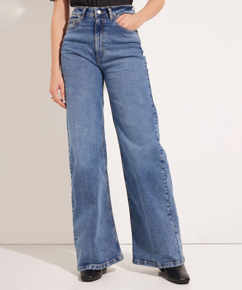 Jean Wide Leg Con Laser En Aplome Tono Azul Medio Oscuro
