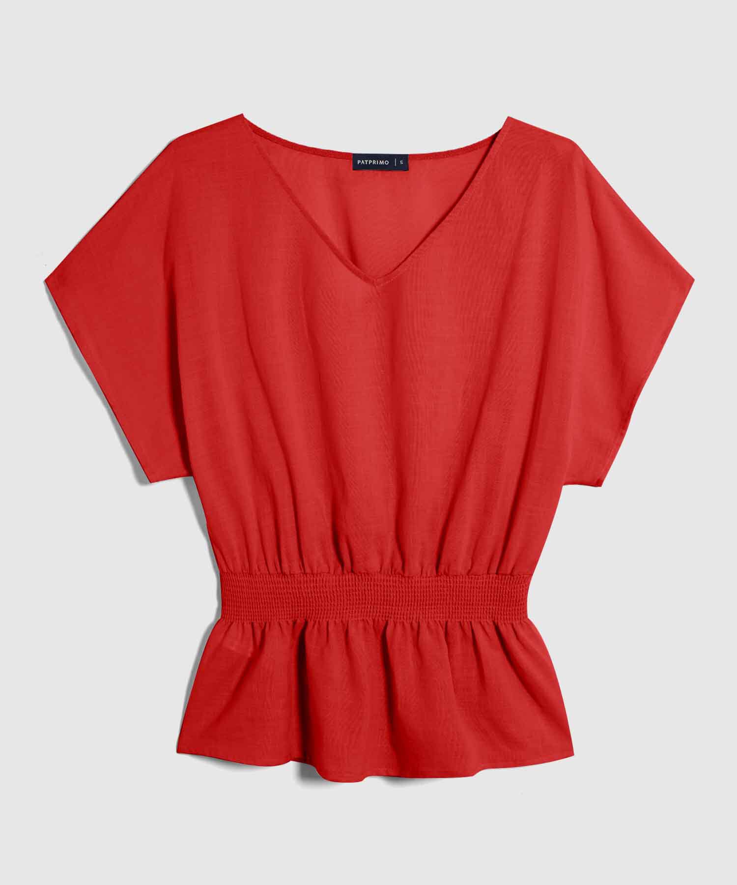 Blusa Unicolor Manga Corta, Escote V Con Encauchado En Cintura, Nautico Artesanal Línea Moda