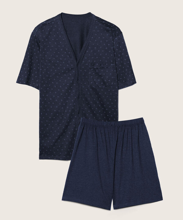 Pijama Set De Camiseta Manga Corta Abierta Estampada Y Bermuda Unicolor
