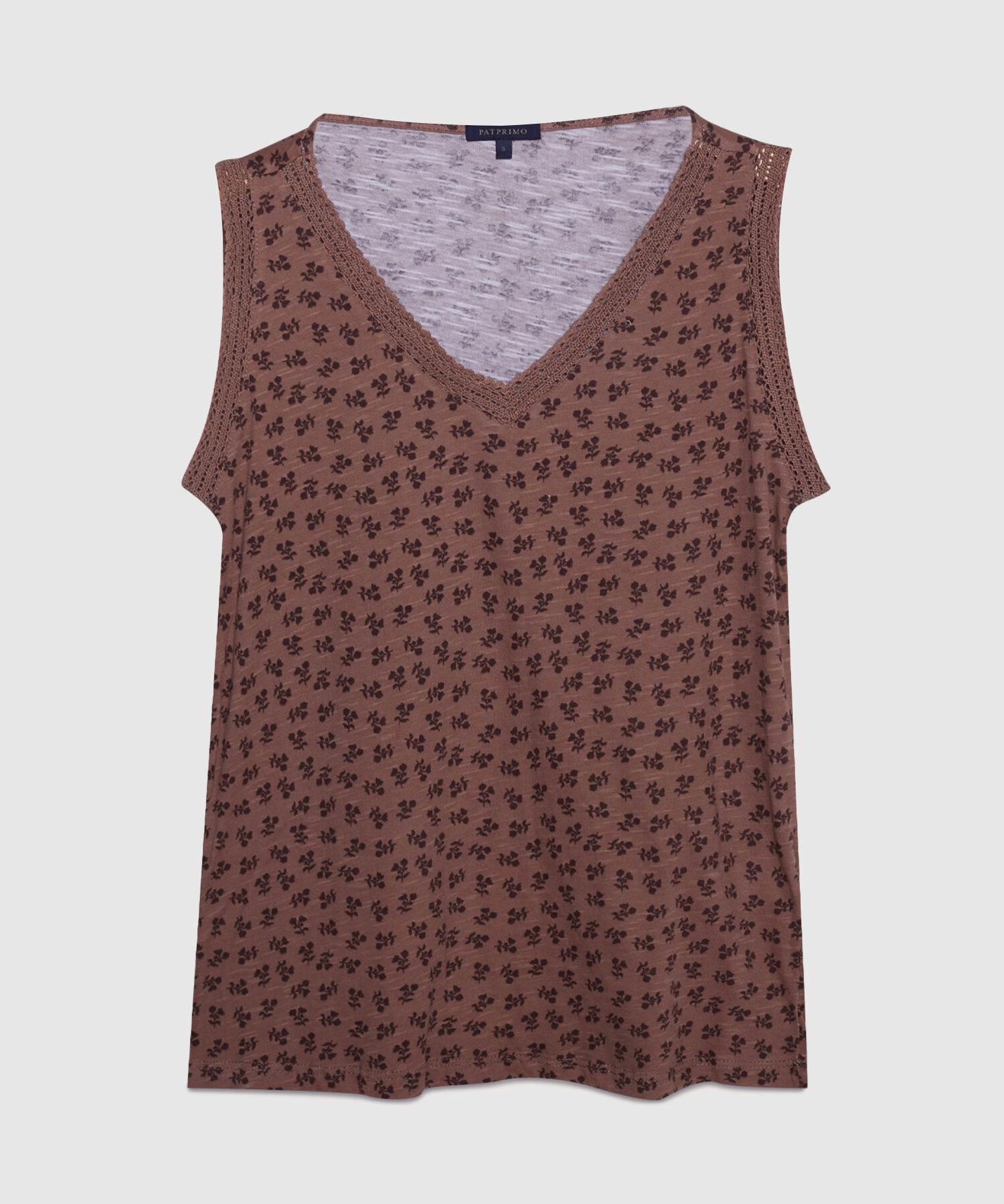 Camiseta Estampada Cuello En V Con Encaje Bolillo En Cuello Y Sisa