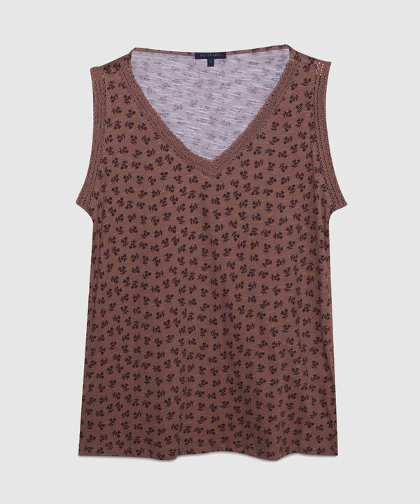 Camiseta Estampada Cuello En V Con Encaje Bolillo En Cuello Y Sisa