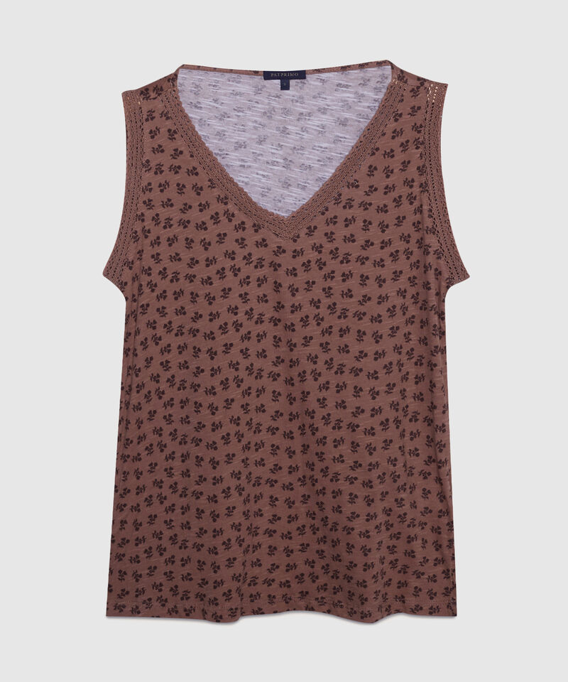 Camiseta Estampada Cuello En V Con Encaje Bolillo En Cuello Y Sisa