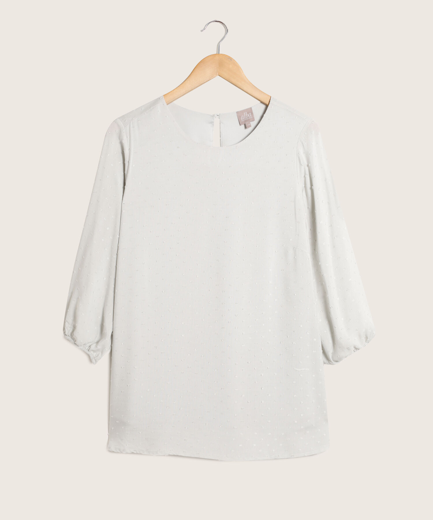 Blusa Manga 3/4 Con cuello Redondo, Botón En Espalda Y Mangas Tipo Globo Con Textura