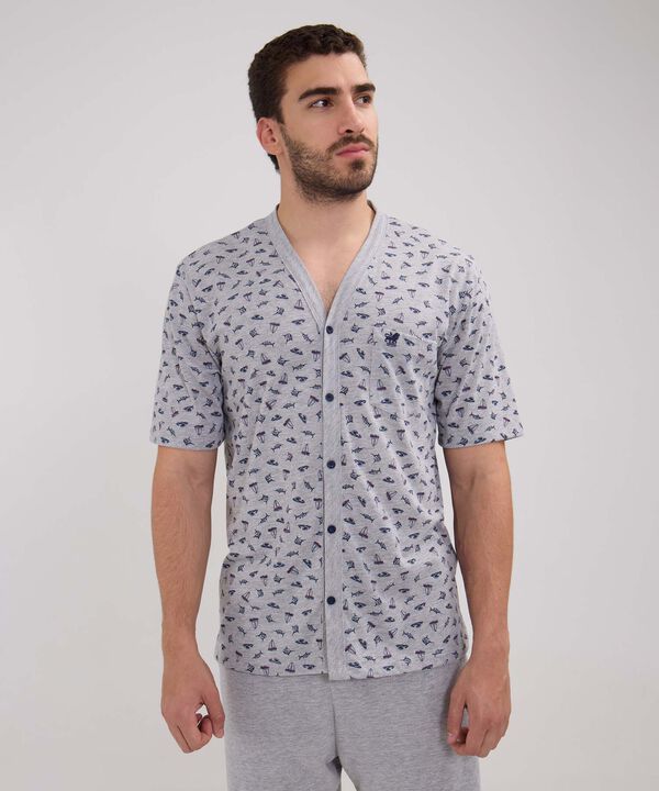 Pijama Manga Corta Camisa Estampada Con Pechera Y Pantalontea Unicolor image number null