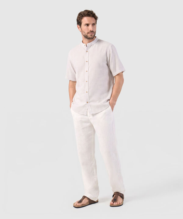 Camisa Manga Corta A Rayas Con Cuello Mao Para Hombre