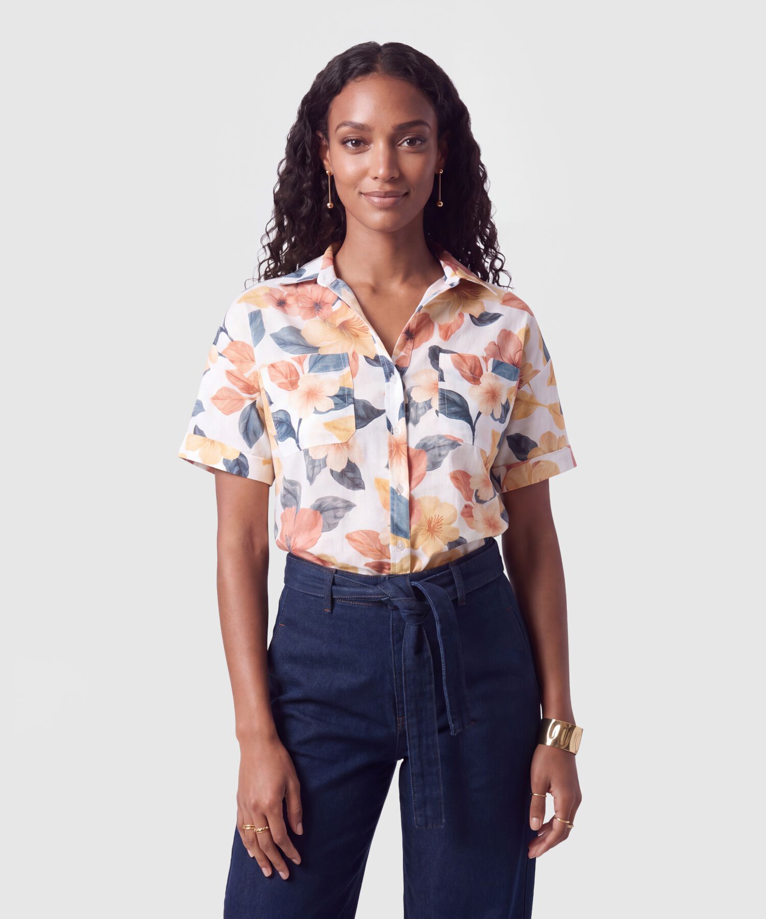 Camisa Manga Corta Estampada Con Bolsillos Para Mujer