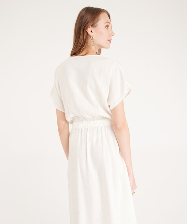 Vestido Manga Corta En Lino Largo Midi Con Cinturón En Tela Del Cuerpo