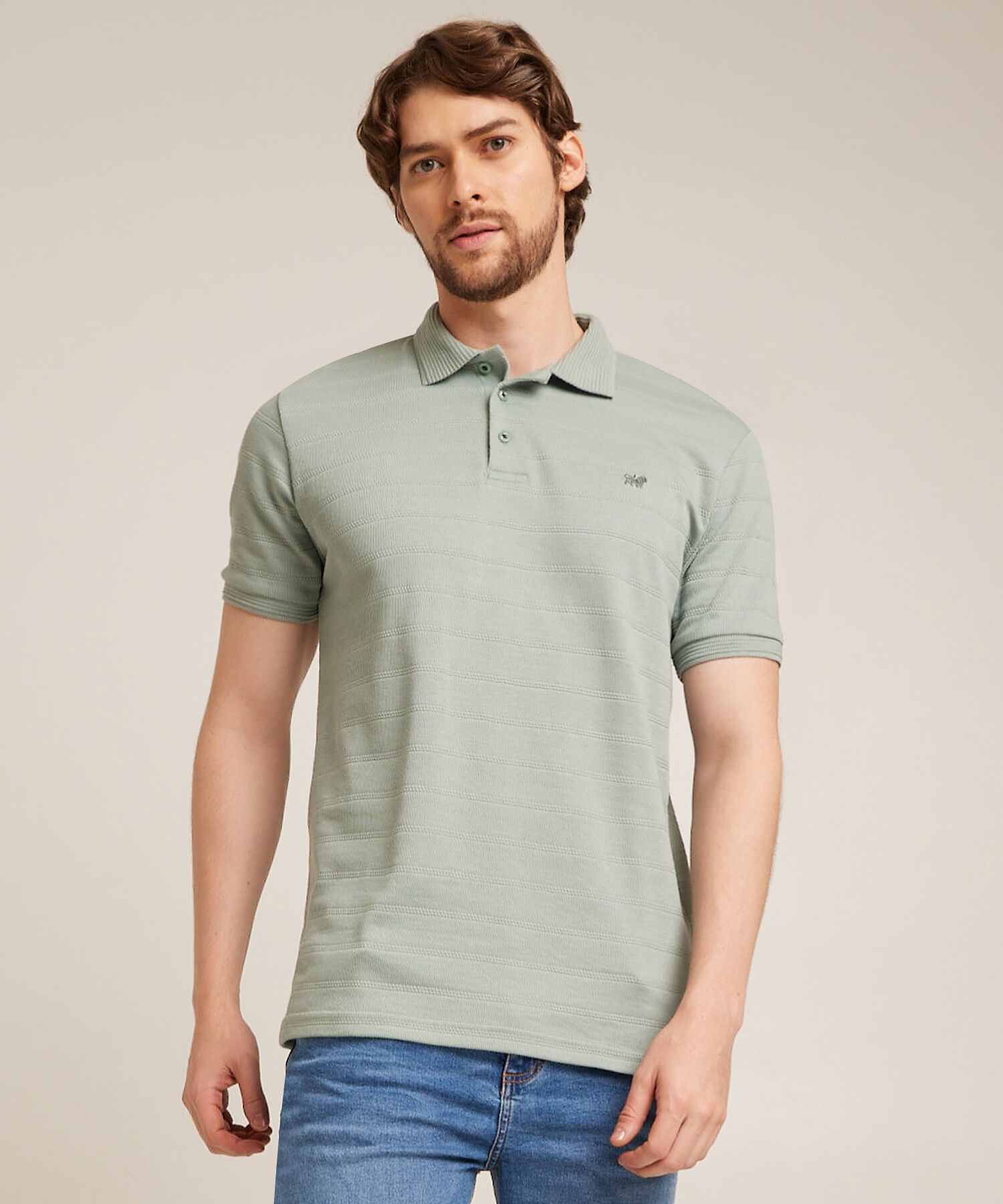 Polo Unicolor Con Textura, Cuello Y Puños Tejidos, Sin Bolsillo, Silueta Regular Fit, Sunset Dust Línea Moda