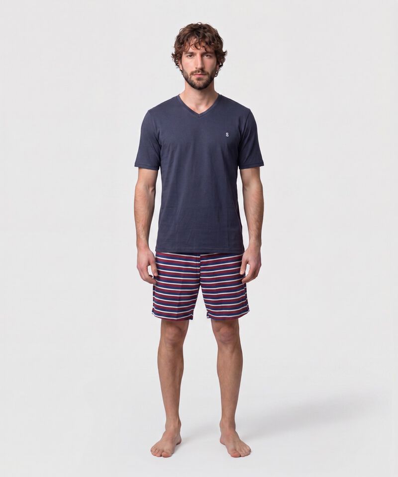 Conjunto Pijama Camiseta Cuello V Y Pantaloneta Prete&ntilde;ida Para Hombre