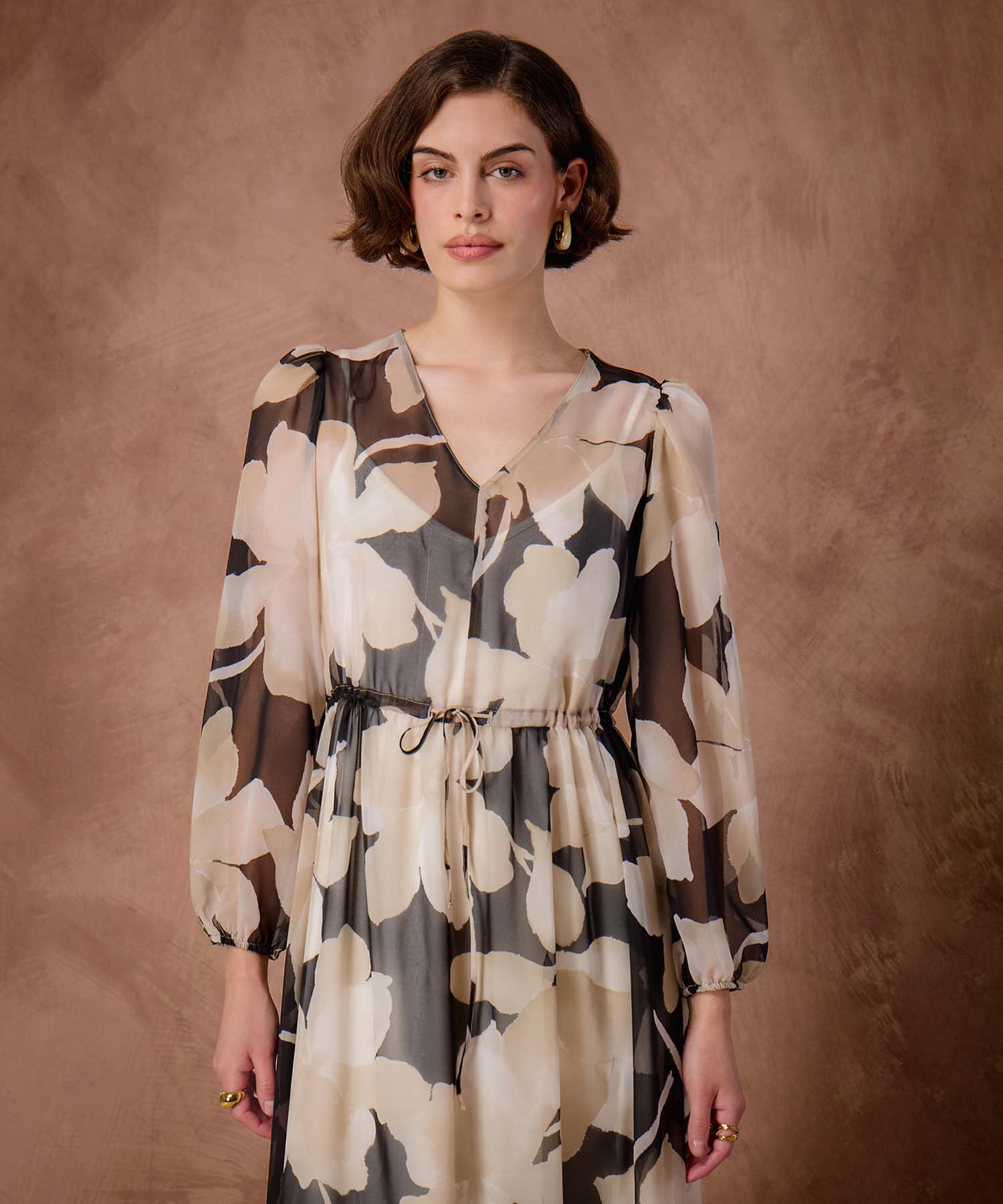 Vestido Maxi de Manga Larga y Jareta Para Mujer