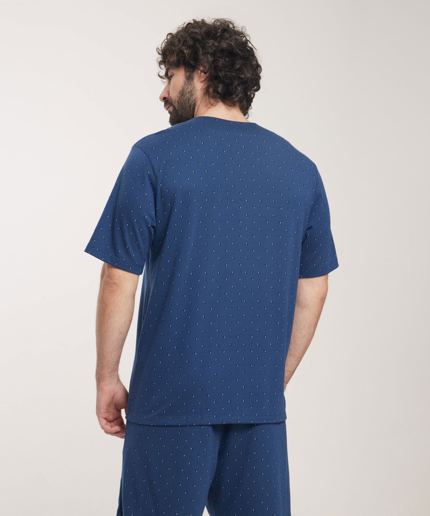Pijama Camisa Manga Corta De Pijama Cuello V Con Pechera Y Vena En Contraste, Pantaloneta Con Hiladillo