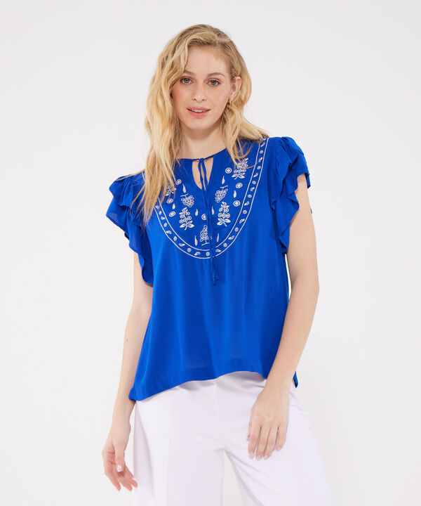 Blusa Manga Corta Unicolor  Con Bordado En Frente
