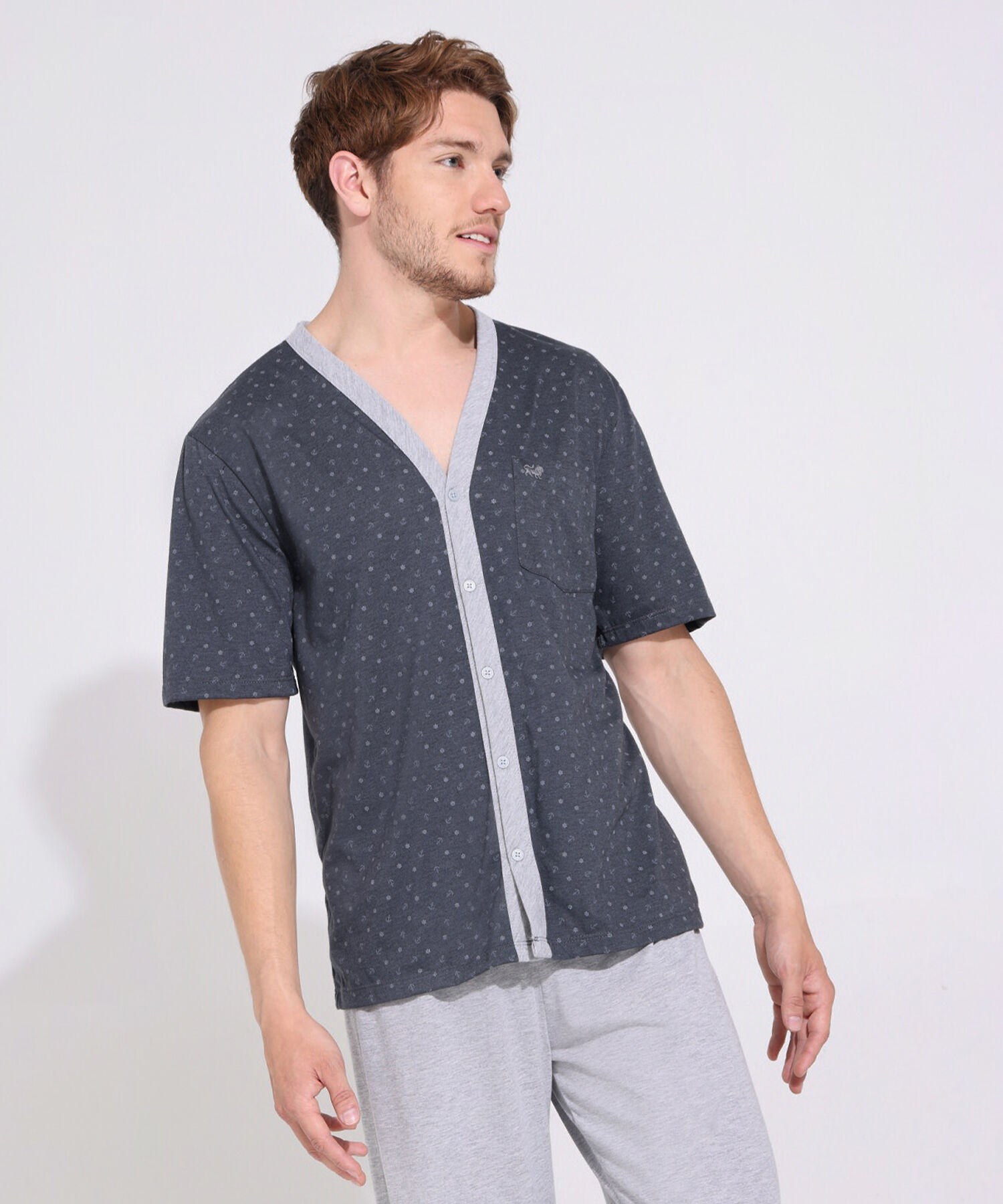 Pijama Set Camiseta Manga Larga Abierta Estampada Con Bolsillo Y Pantalon Compra Online Patprimo