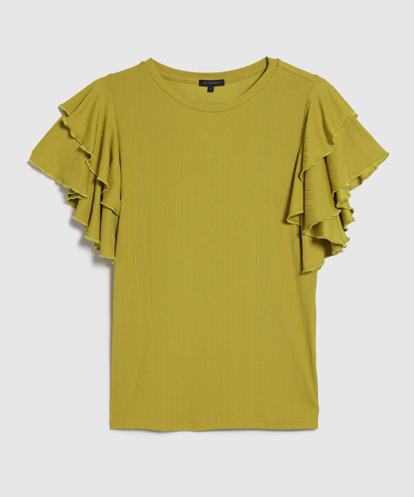 Camiseta Unicolor Textura Manga Corta Con Boleros, Trópico Floral