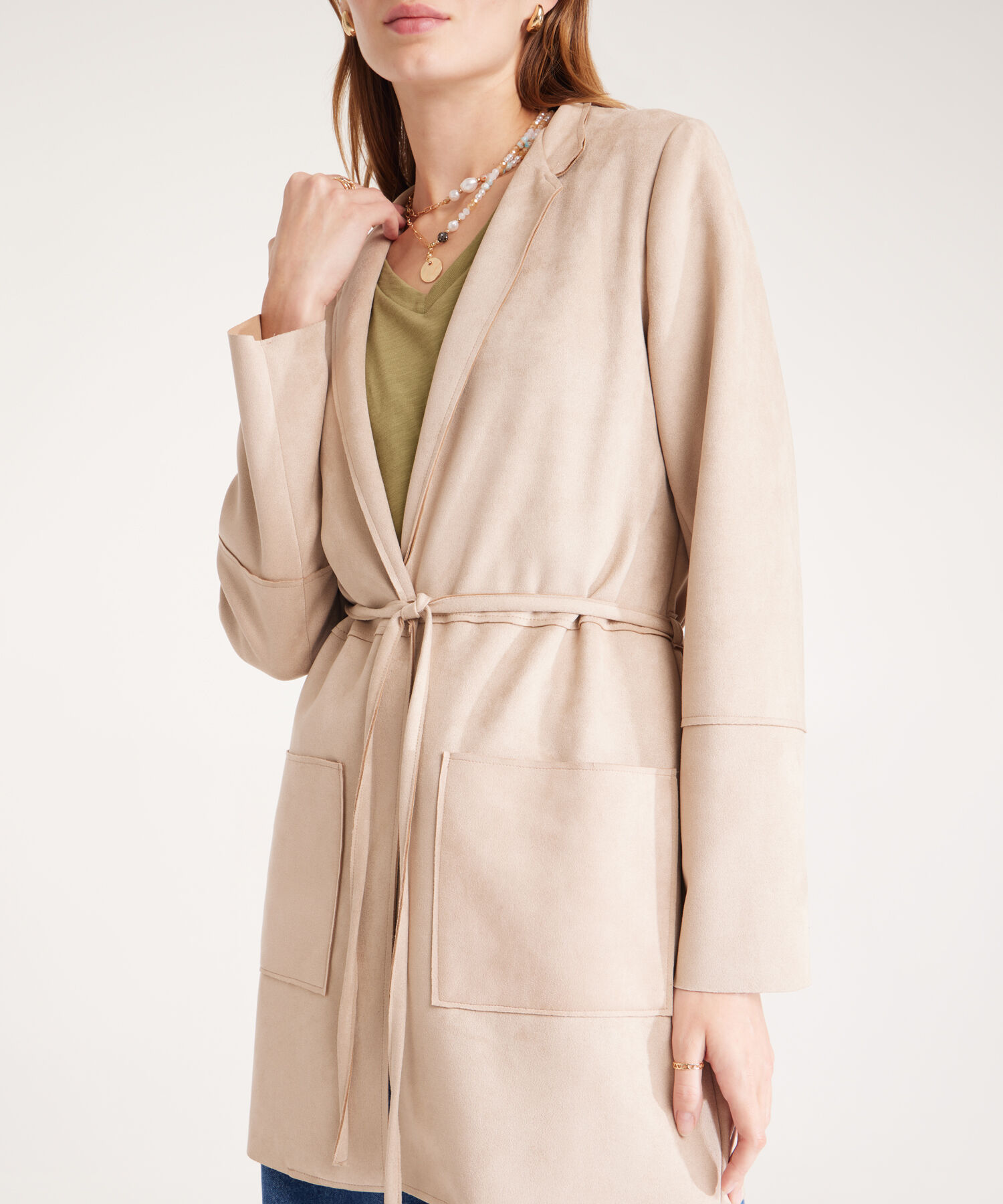 Chaqueta Suede Abierta Manga Larga Con Cinturón