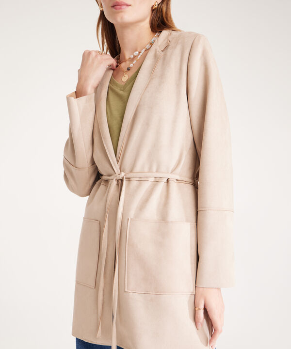 Chaqueta Suede Abierta Manga Larga Con Cinturón