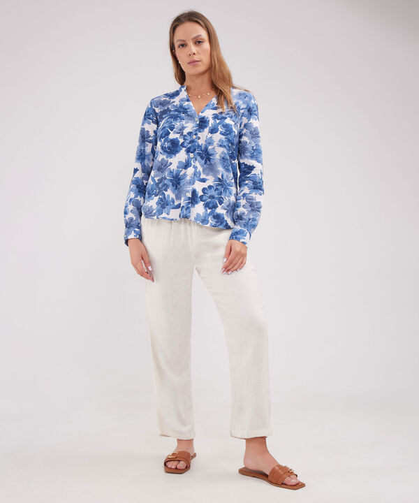 Blusa Manga Larga Estampada En Lino