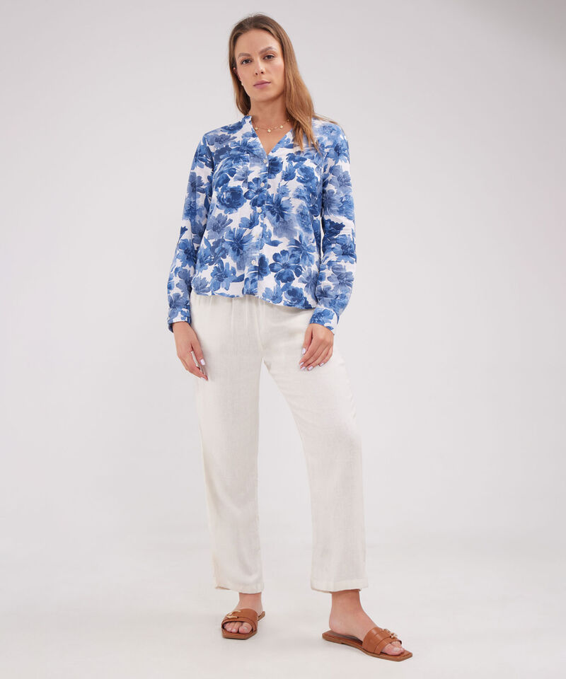 Blusa Manga Larga Estampada En Lino