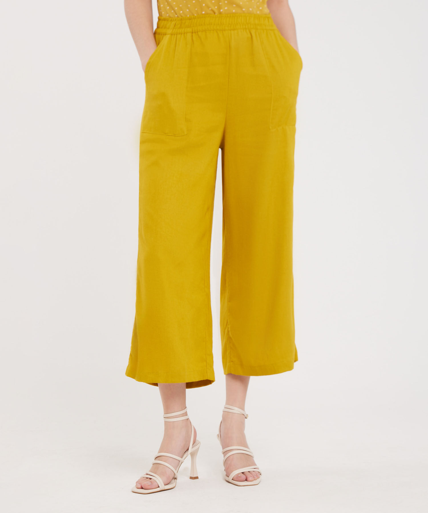Pantalon Moda Tipo Culotte Unicolor, Resortado Con Bolsillos Diagonales, Tel Aviv Linea Moda