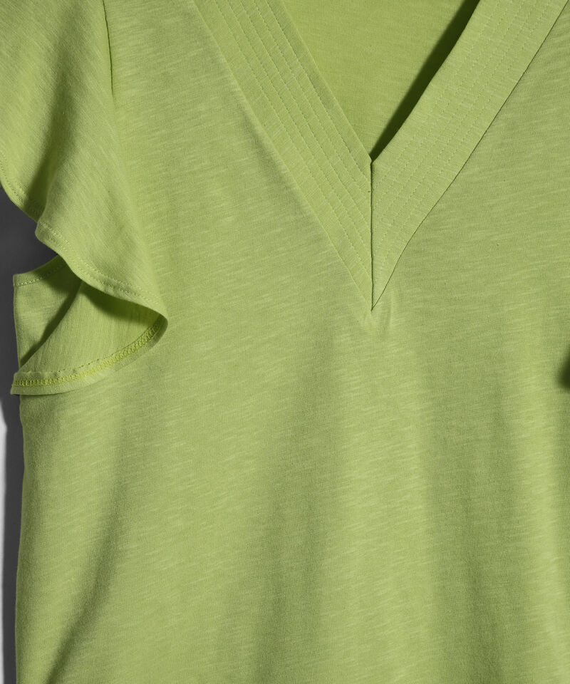 Camiseta Unicolor Manga Corta Con Vuelo, Escote V