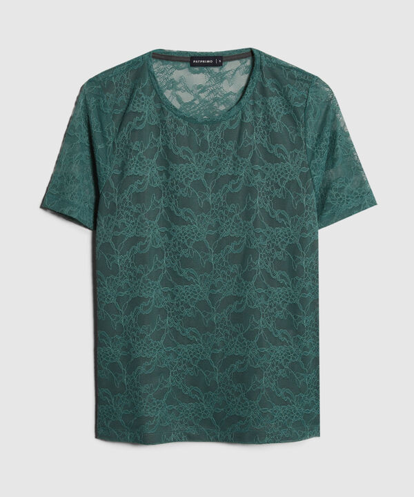 Camiseta Unicolor Manga Corta, Cuello Redondo En Encaje