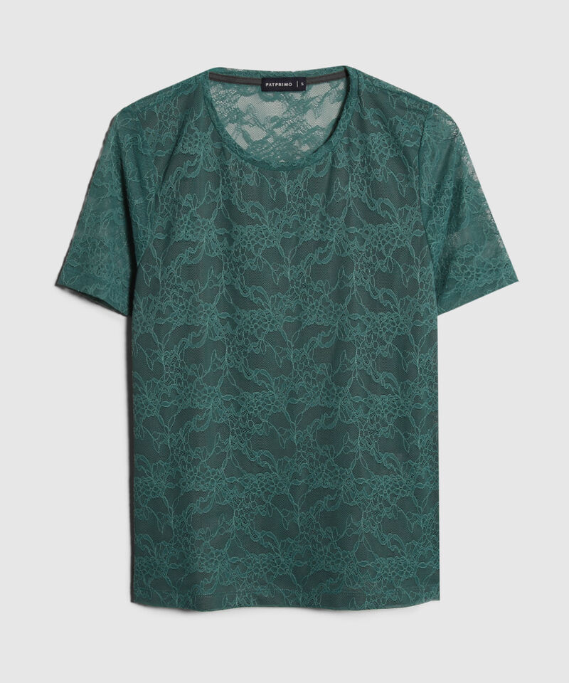 Camiseta Unicolor Manga Corta, Cuello Redondo En Encaje