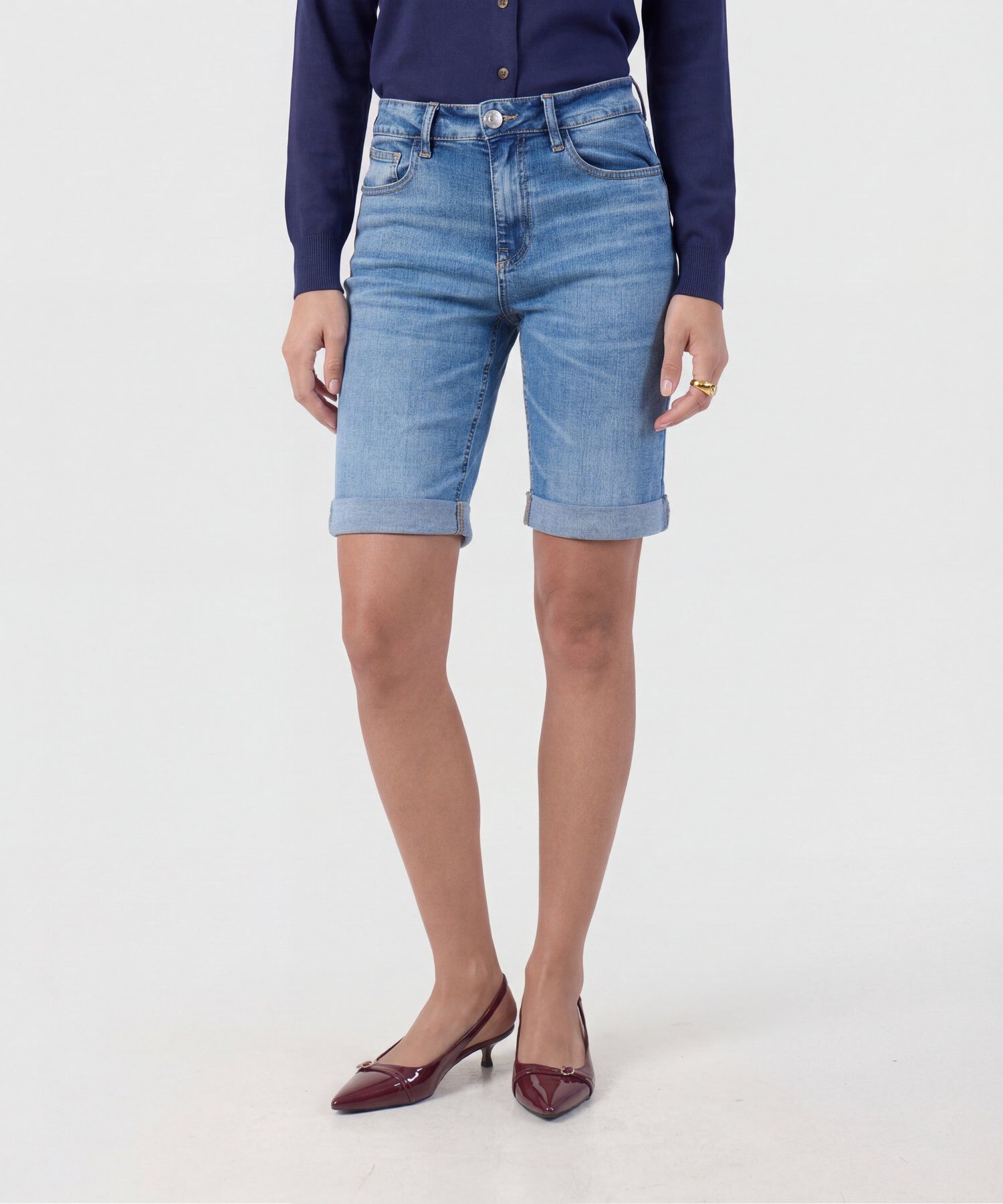 Bermuda Denim Con Doblez Para Mujer