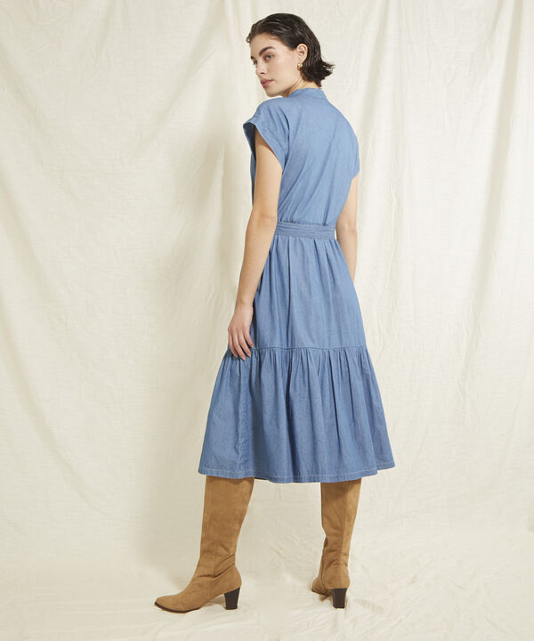 Vestido Tono Azul Claro Largo Con Cinturón