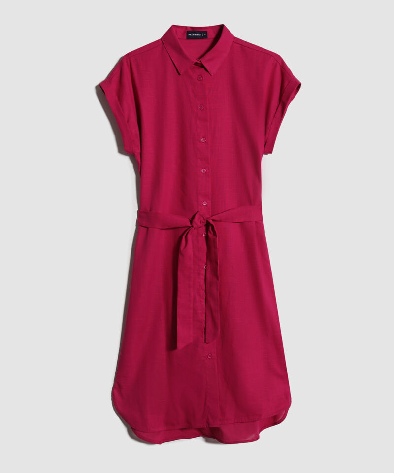 Vestido Camisero En Lino Unicolor Con Cinturon