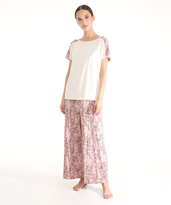 Pijama Conjunto Camiseta  Manga Corta Unicolor Con Almilla Estampada Y Pantalón Culotte Estampado