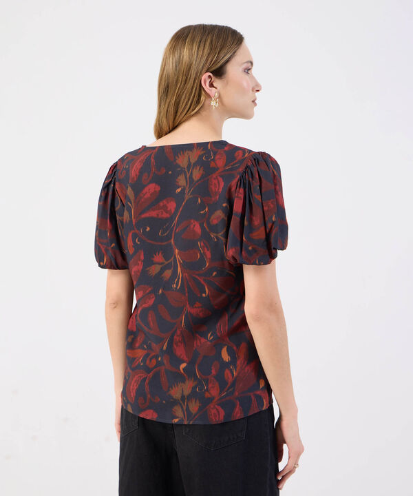Blusa Estampada Para Mujer Escote V Manga Globo