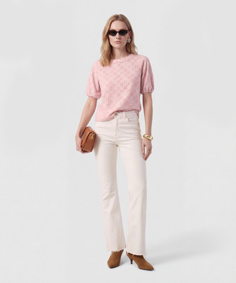 Camiseta Manga Globo Con Ojalillo Para Mujer