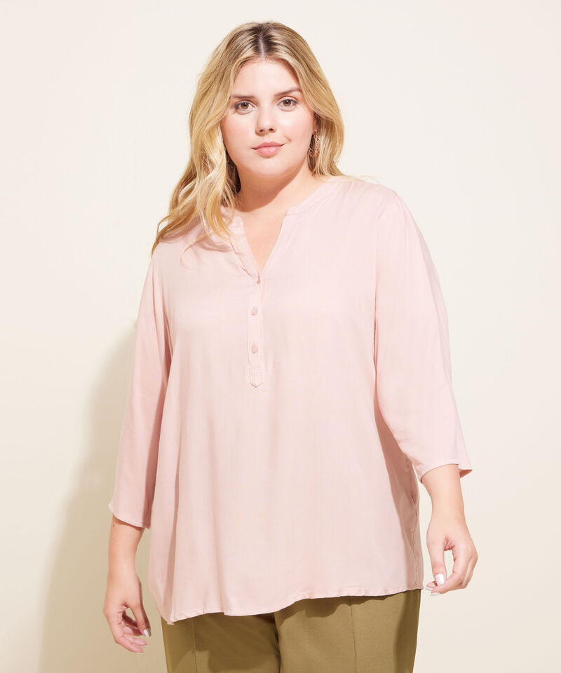 Blusa Unicolor Manga 3/4, Cuello En V Con Pechera Corta Y Cuello Neru