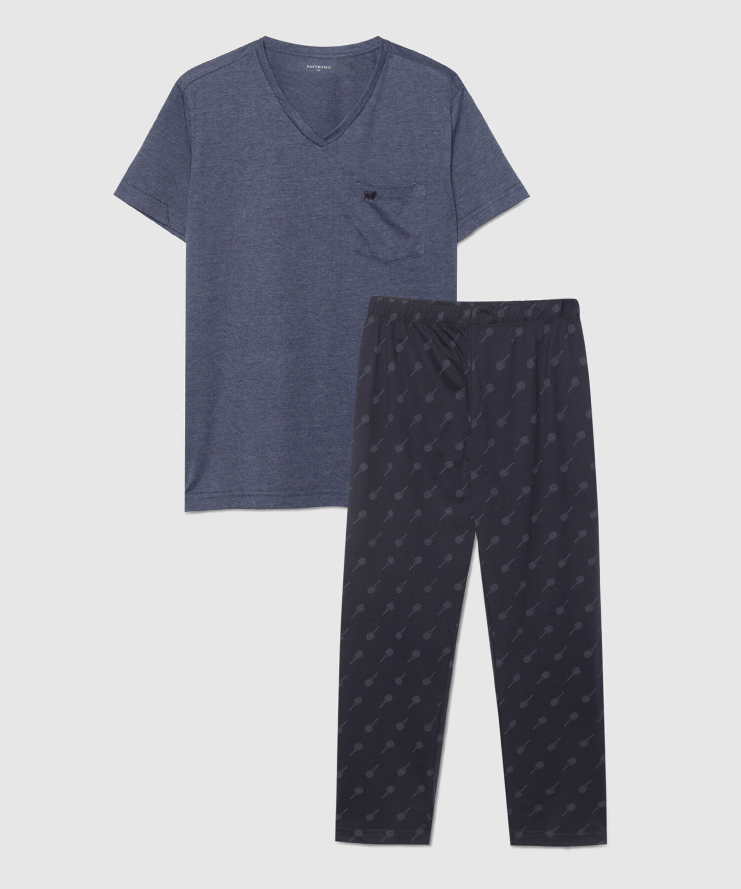 Pijama Set Camiseta Manga Corta Cuello V Manga Corta Unicolor Bolsillo Y Pantalón Estampado