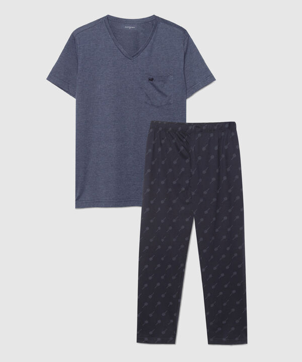 Pijama Set Camiseta Manga Corta Cuello V Manga Corta Unicolor Bolsillo Y Pantalón Estampado