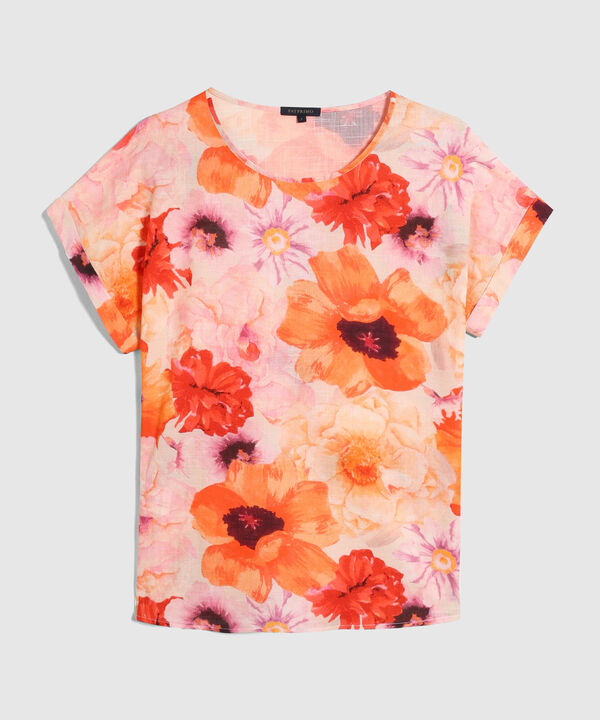 Blusa Manga Corta Con Guardapolvo  En Lino Estampada