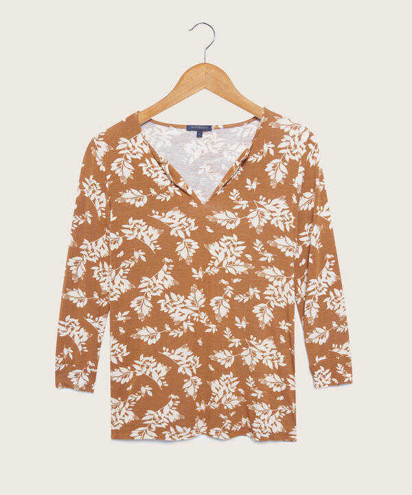 Camiseta Estampada Manga 3/4, Cuello Redondo Con Cuello Herradura