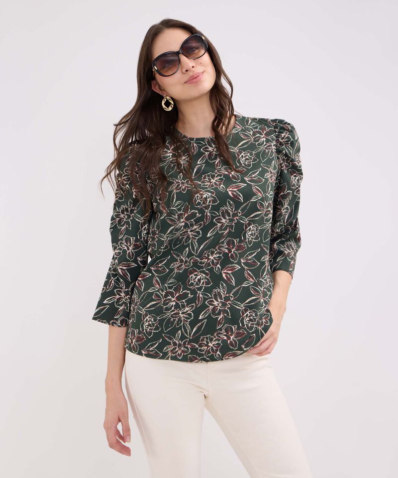 Blusa Estampada Escote Redondo, Manga 3/4 Con Recogido
