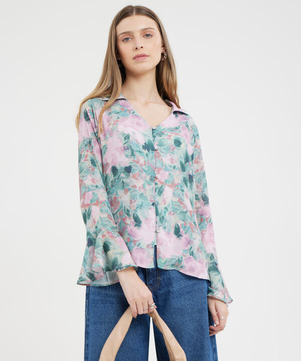 Camisa Estampada Manga Larga Con Volante image number null