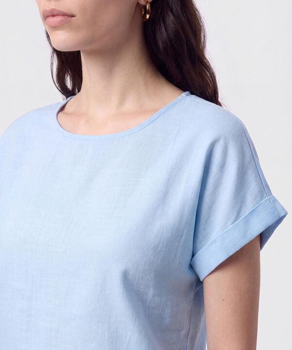 Blusa Manga Doblez Cuello Redondo Mujer